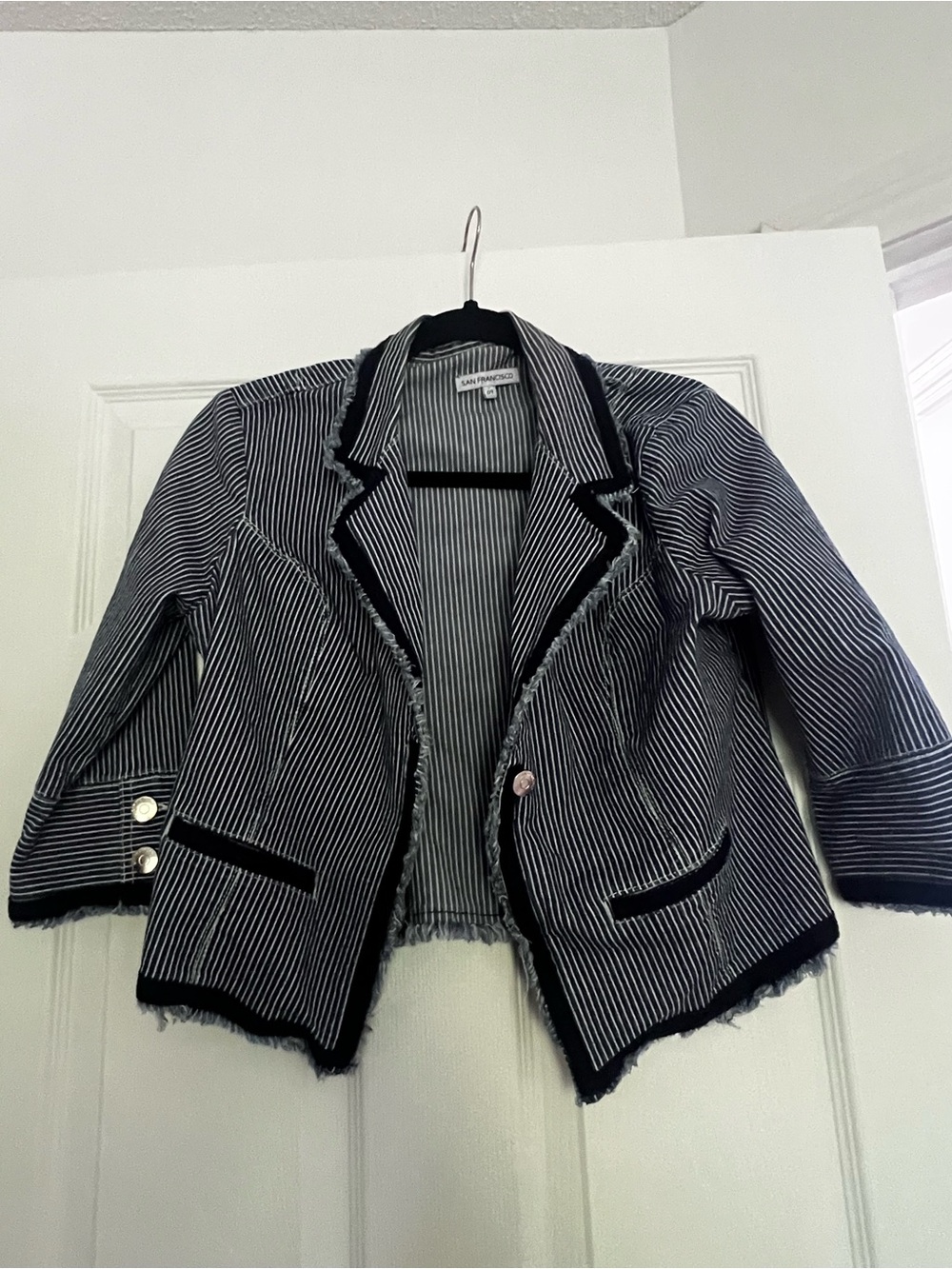 San Francisco Lined Pinstripe Fringe Trim Blazer Jacket